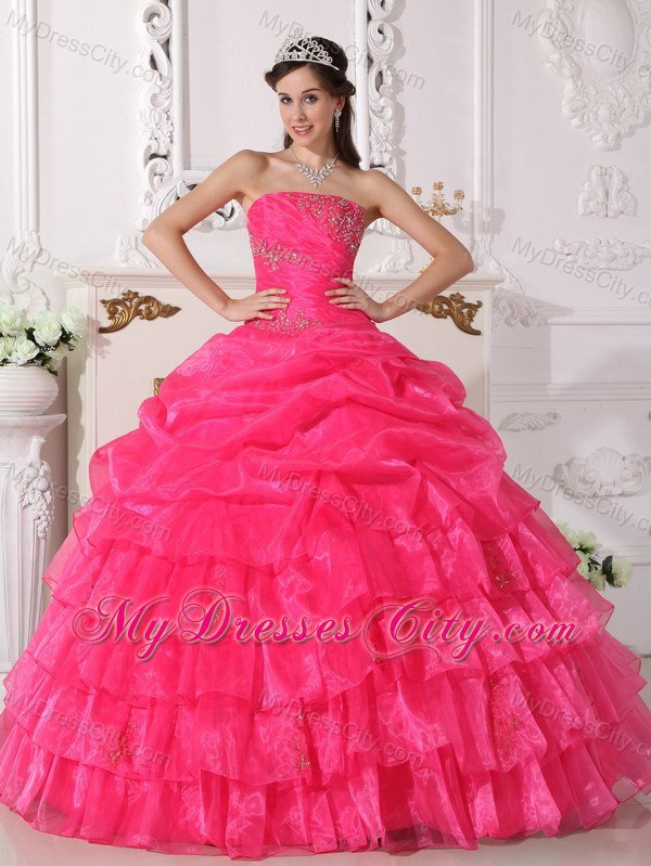 Strapless Tiered Appliques Hot Pink Quinceanera Gowns For 2013