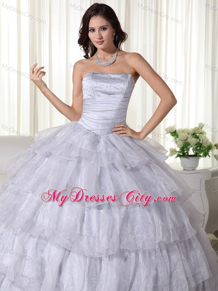 Strapless Organza Ruched Grey Quninceanera Gowns With Ruffled Layers