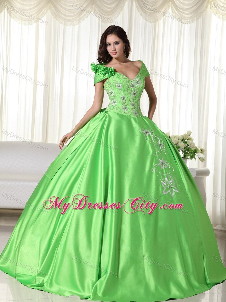 One Shoulder Embroidery Spring Green Quninceanera Gowns For Cheap