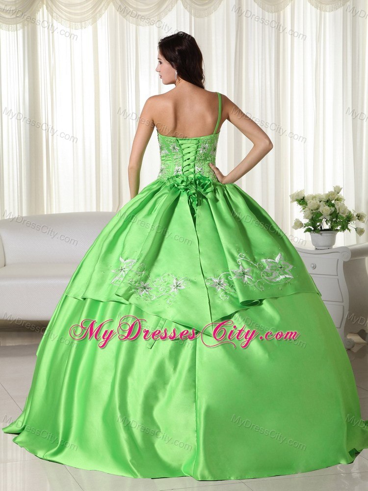 One Shoulder Embroidery Spring Green Quninceanera Gowns For Cheap