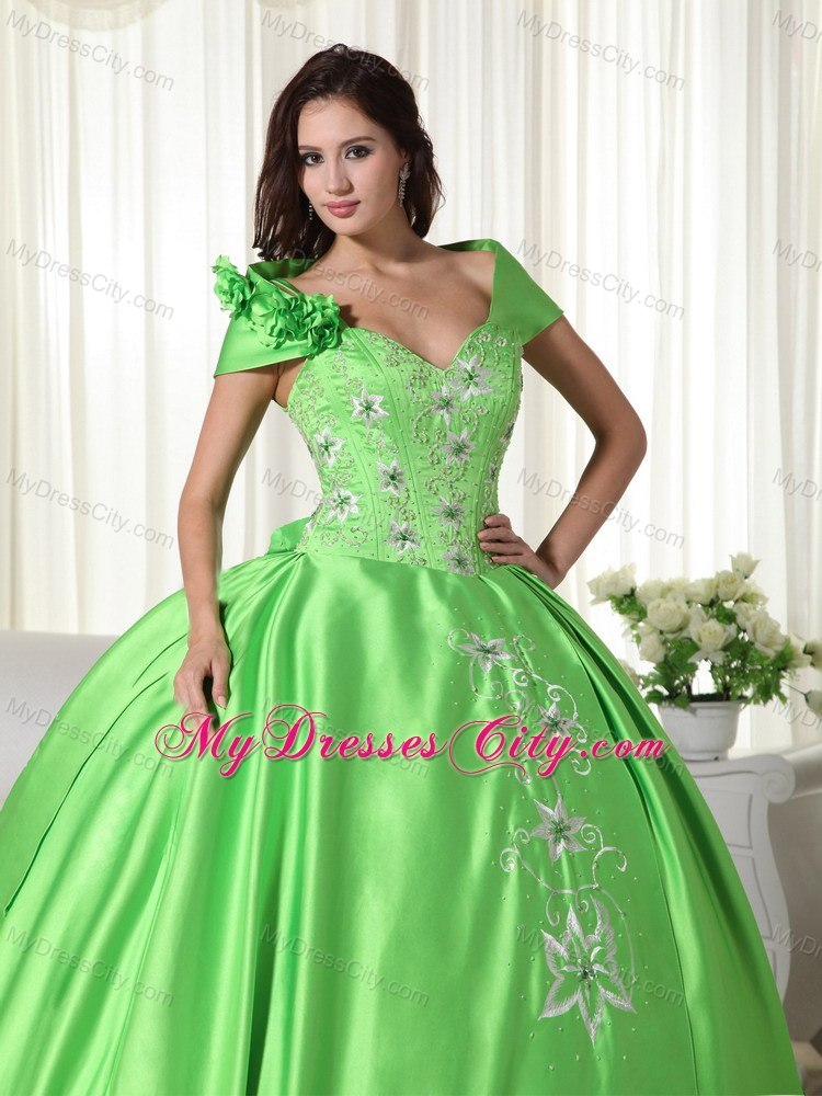 One Shoulder Embroidery Spring Green Quninceanera Gowns For Cheap