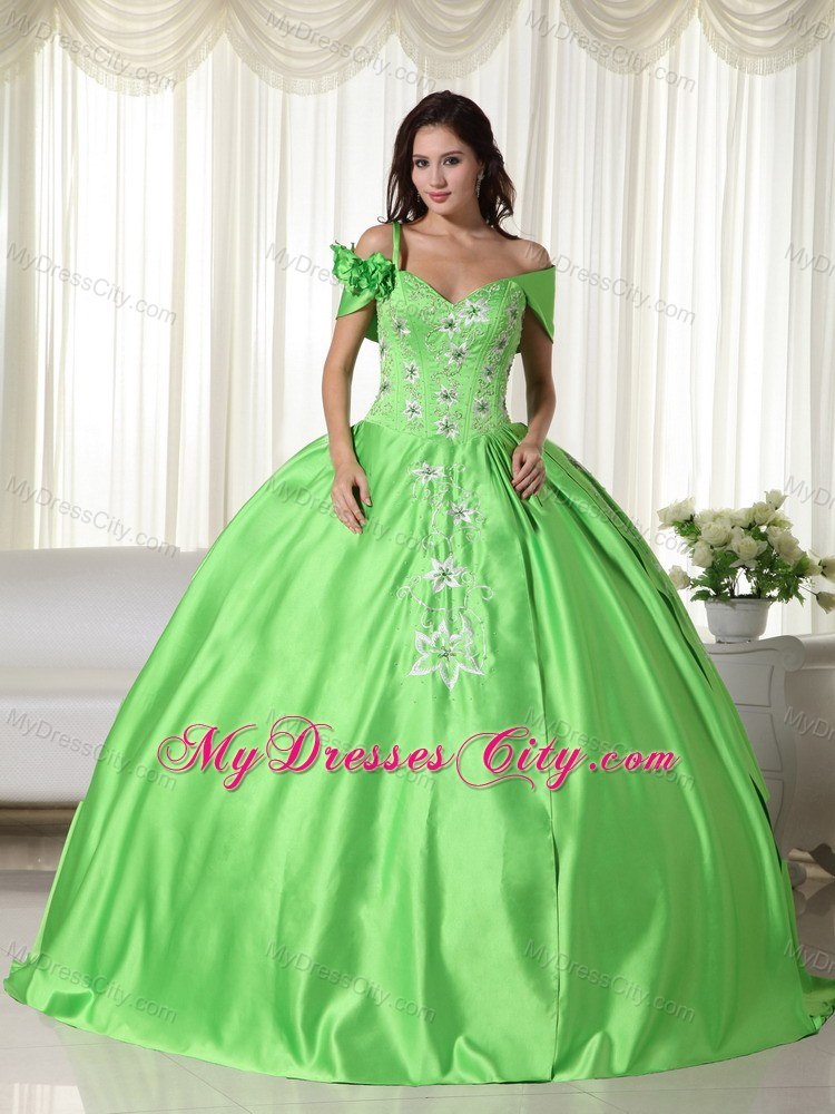 One Shoulder Embroidery Spring Green Quninceanera Gowns For Cheap