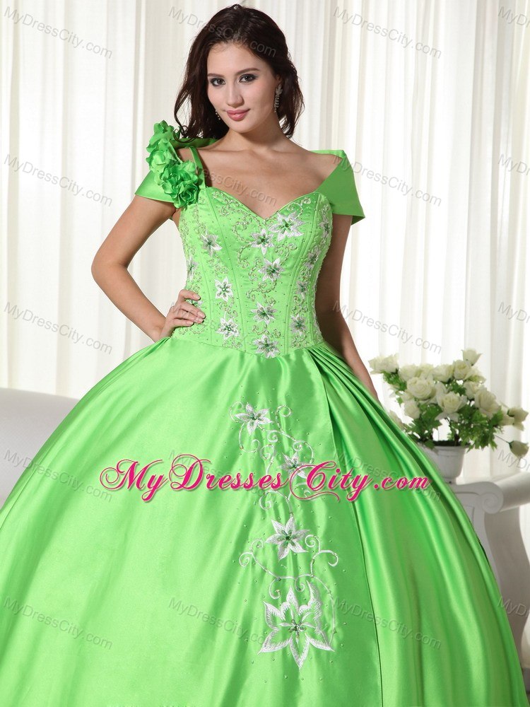 One Shoulder Embroidery Spring Green Quninceanera Gowns For Cheap