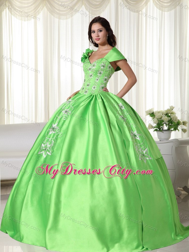 One Shoulder Embroidery Spring Green Quninceanera Gowns For Cheap