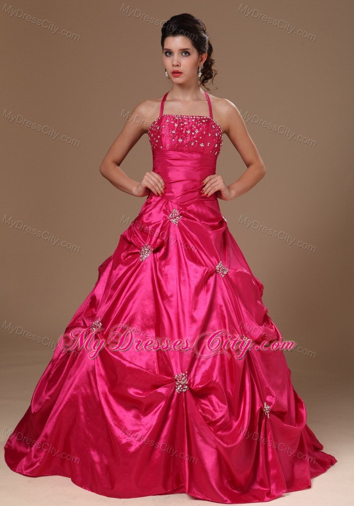 A-line Halter Beaded and Pick Ups Hot Pink Dresses For Sweet 16