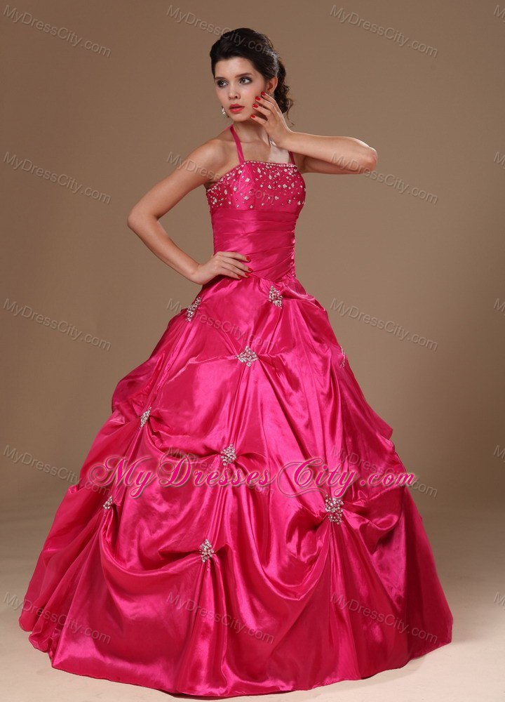 A-line Halter Beaded and Pick Ups Hot Pink Dresses For Sweet 16