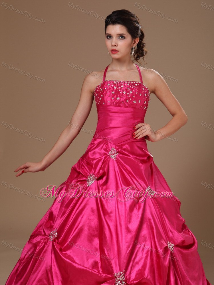 A-line Halter Beaded and Pick Ups Hot Pink Dresses For Sweet 16