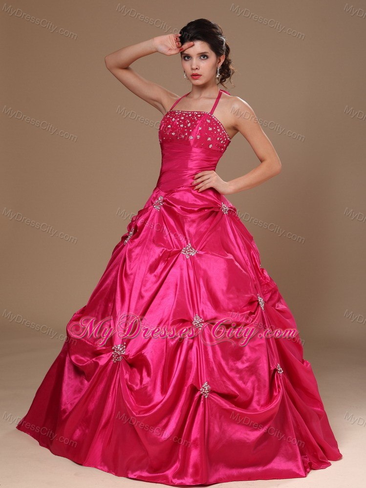 A-line Halter Beaded and Pick Ups Hot Pink Dresses For Sweet 16