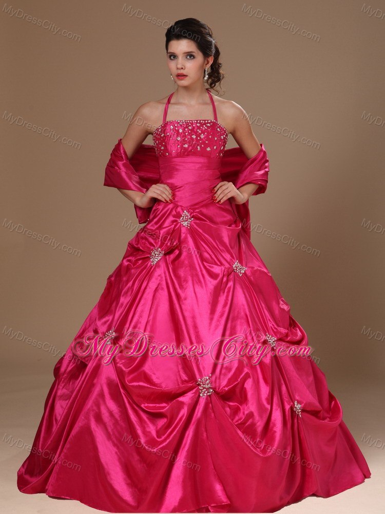 A-line Halter Beaded and Pick Ups Hot Pink Dresses For Sweet 16