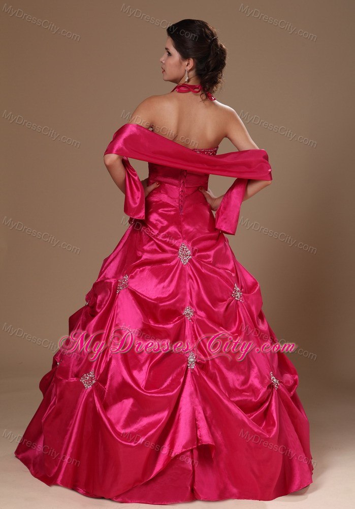 A-line Halter Beaded and Pick Ups Hot Pink Dresses For Sweet 16