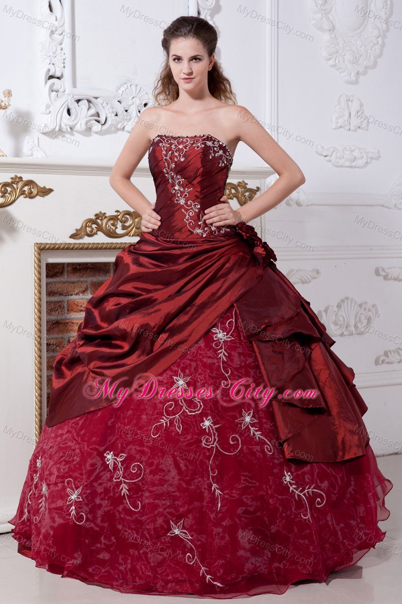 Strapless Embroidery Flowers Wine Red Quinceanera Gowns For 2013