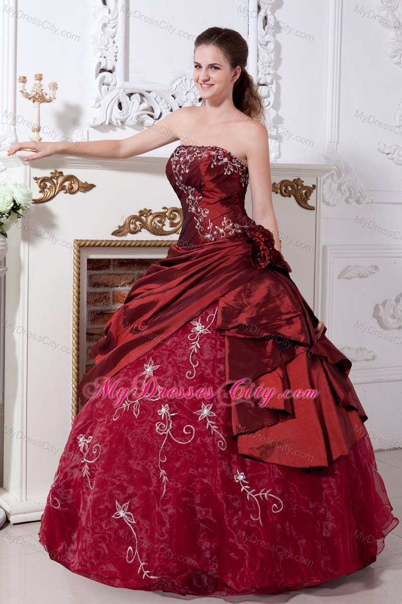 Strapless Embroidery Flowers Wine Red Quinceanera Gowns For 2013