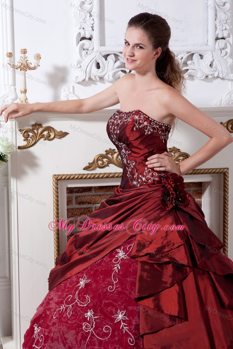 Strapless Embroidery Flowers Wine Red Quinceanera Gowns For 2013