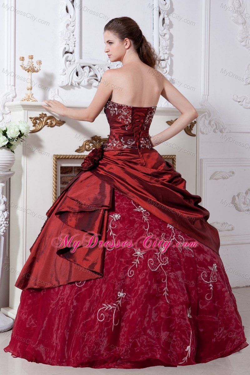 Strapless Embroidery Flowers Wine Red Quinceanera Gowns For 2013