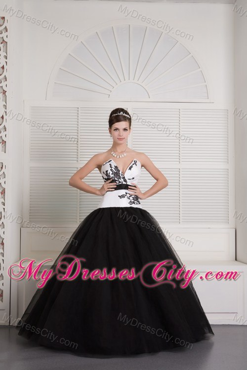 Sexy V-neck Appliques Tulle White and Black Quinceanera Party Dresses