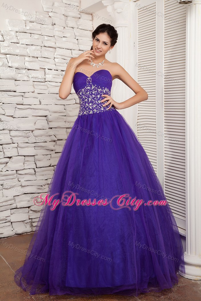 Beaded Sweetheart A-line Tulle Purple Sweet 16 Dresses For Cheap