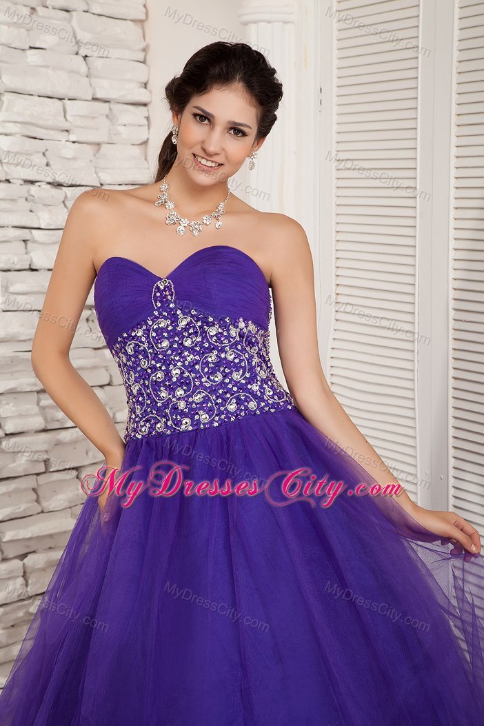 Beaded Sweetheart A-line Tulle Purple Sweet 16 Dresses For Cheap