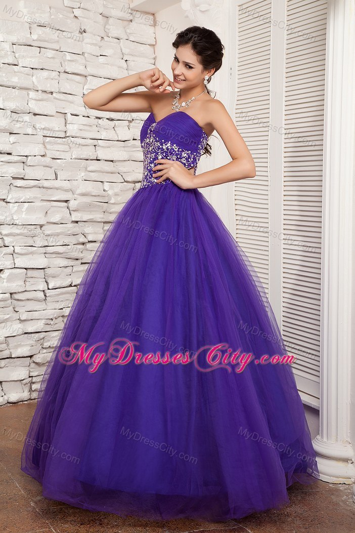 Beaded Sweetheart A-line Tulle Purple Sweet 16 Dresses For Cheap