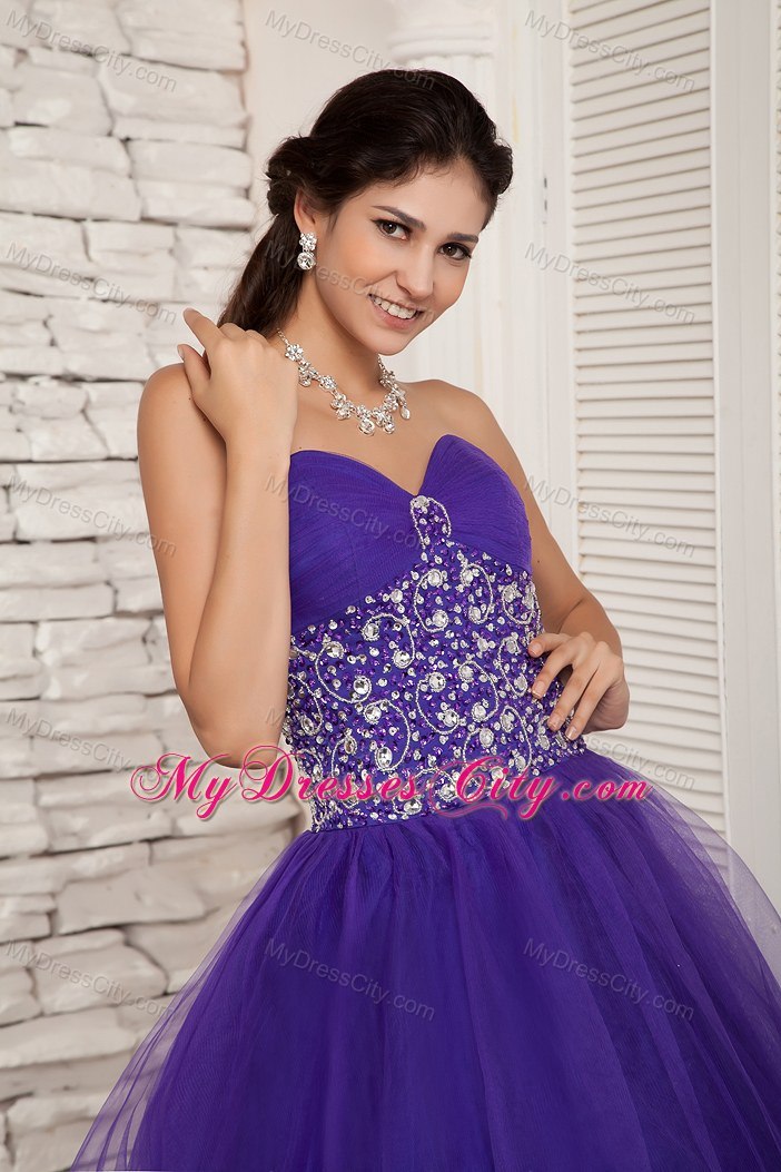 Beaded Sweetheart A-line Tulle Purple Sweet 16 Dresses For Cheap