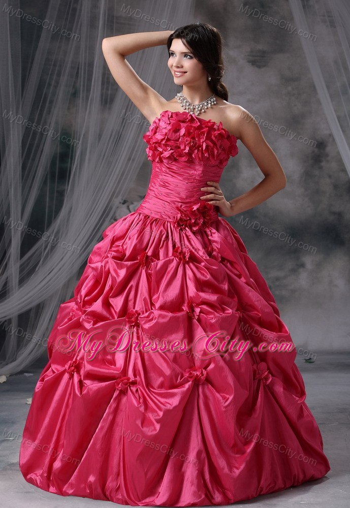 Flowers Strapless Pick Ups Coral Red Dresses For Sweet 16 Dresses