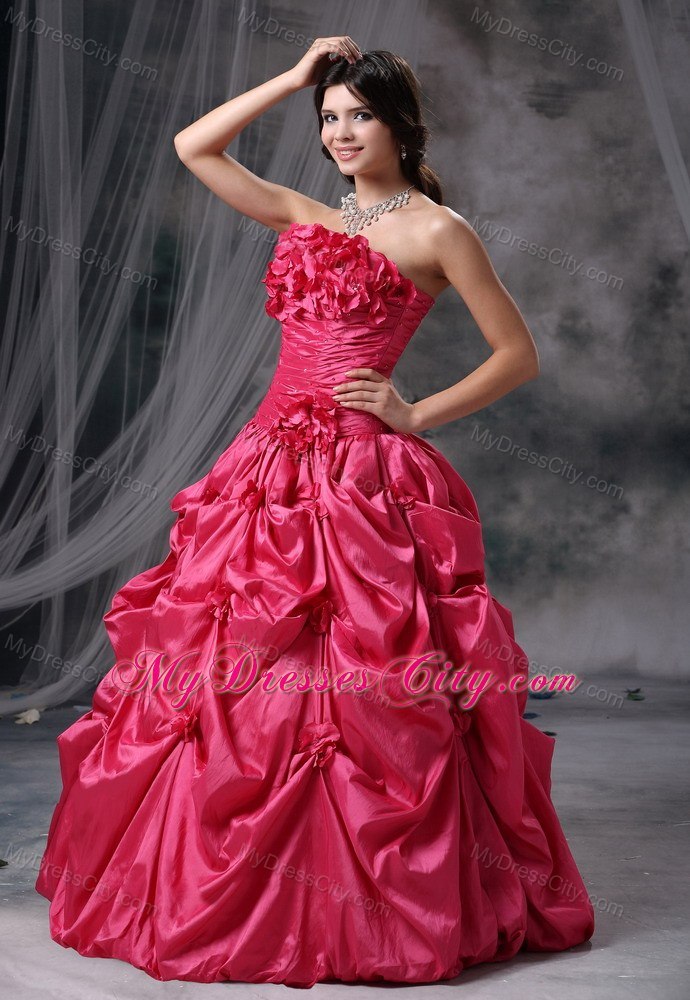 Flowers Strapless Pick Ups Coral Red Dresses For Sweet 16 Dresses