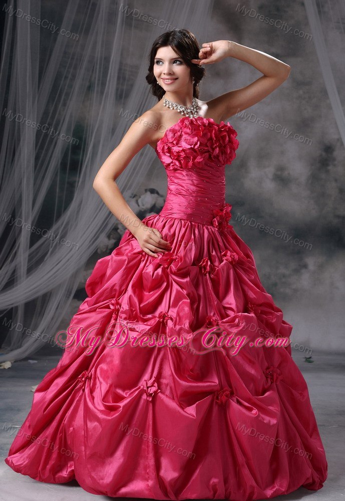 Flowers Strapless Pick Ups Coral Red Dresses For Sweet 16 Dresses