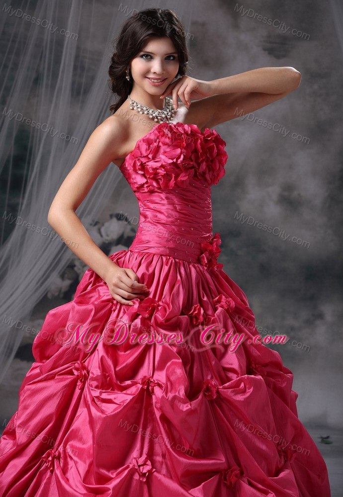 Flowers Strapless Pick Ups Coral Red Dresses For Sweet 16 Dresses