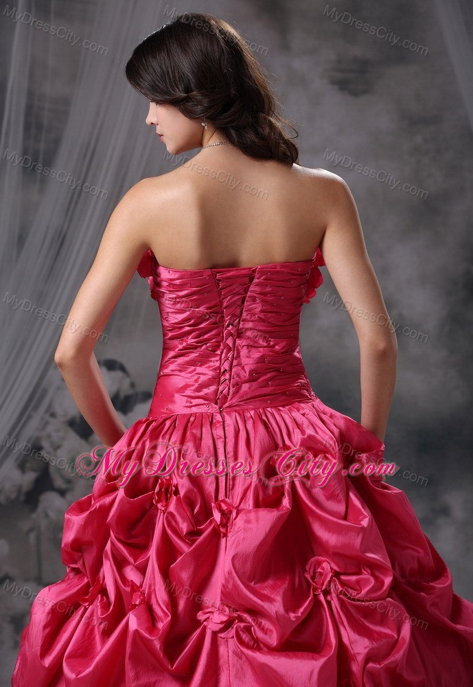 Flowers Strapless Pick Ups Coral Red Dresses For Sweet 16 Dresses