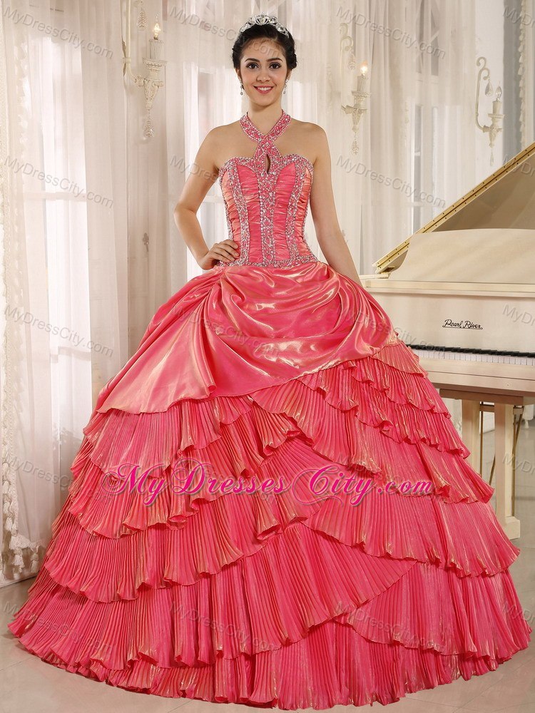 Beaded Halter Pleat Watermelon Red Quninceanera Gowns With Layeres