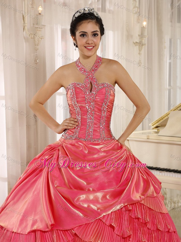 Beaded Halter Pleat Watermelon Red Quninceanera Gowns With Layeres