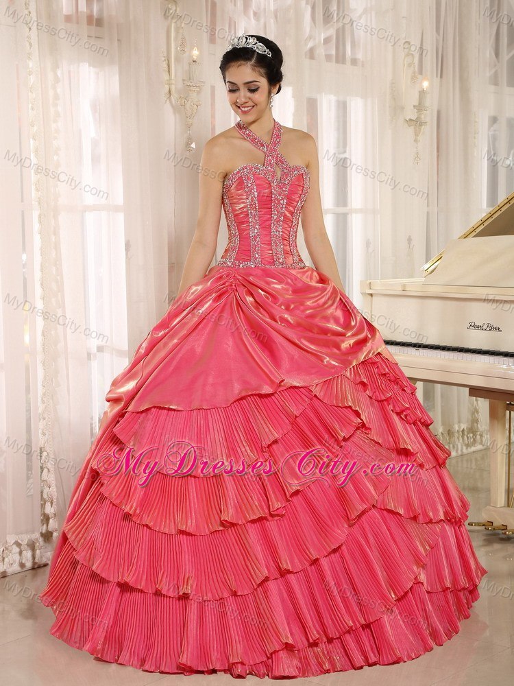 Beaded Halter Pleat Watermelon Red Quninceanera Gowns With Layeres