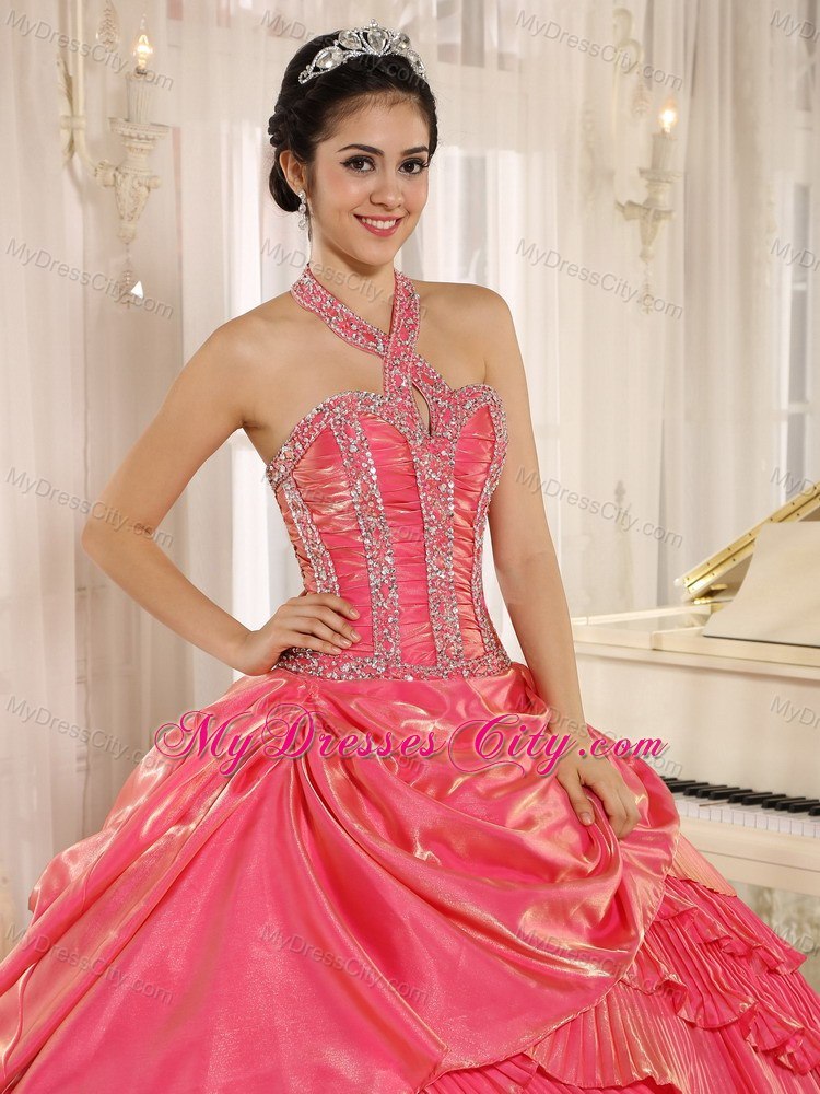 Beaded Halter Pleat Watermelon Red Quninceanera Gowns With Layeres