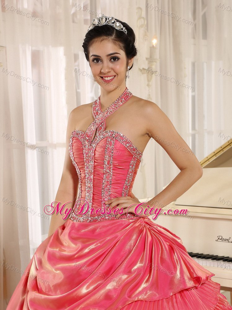 Beaded Halter Pleat Watermelon Red Quninceanera Gowns With Layeres