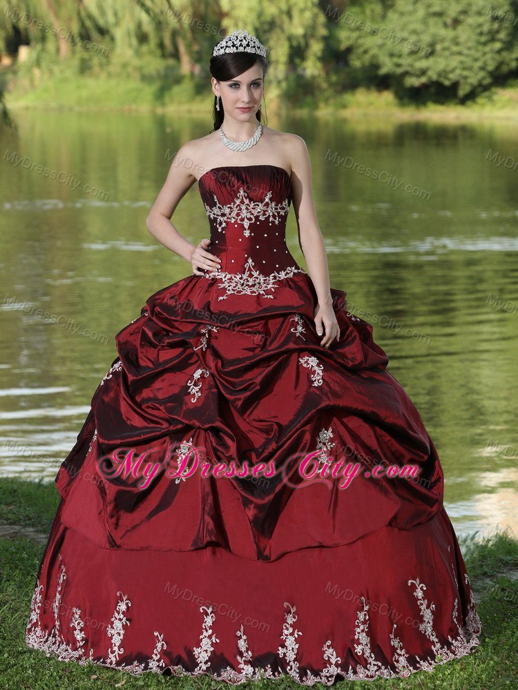 Strapless Appliques and Pick Ups Burgundy Quninceanera Gowns For 2013