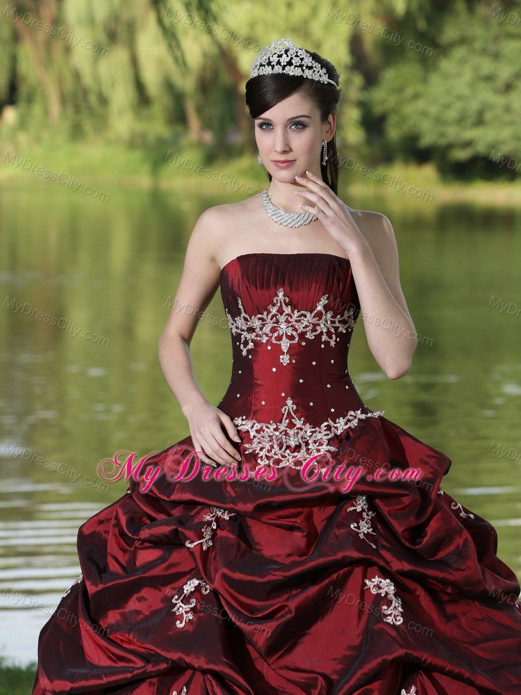 Strapless Appliques and Pick Ups Burgundy Quninceanera Gowns For 2013