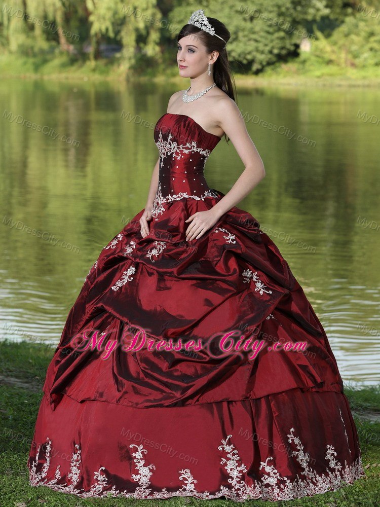 Strapless Appliques and Pick Ups Burgundy Quninceanera Gowns For 2013