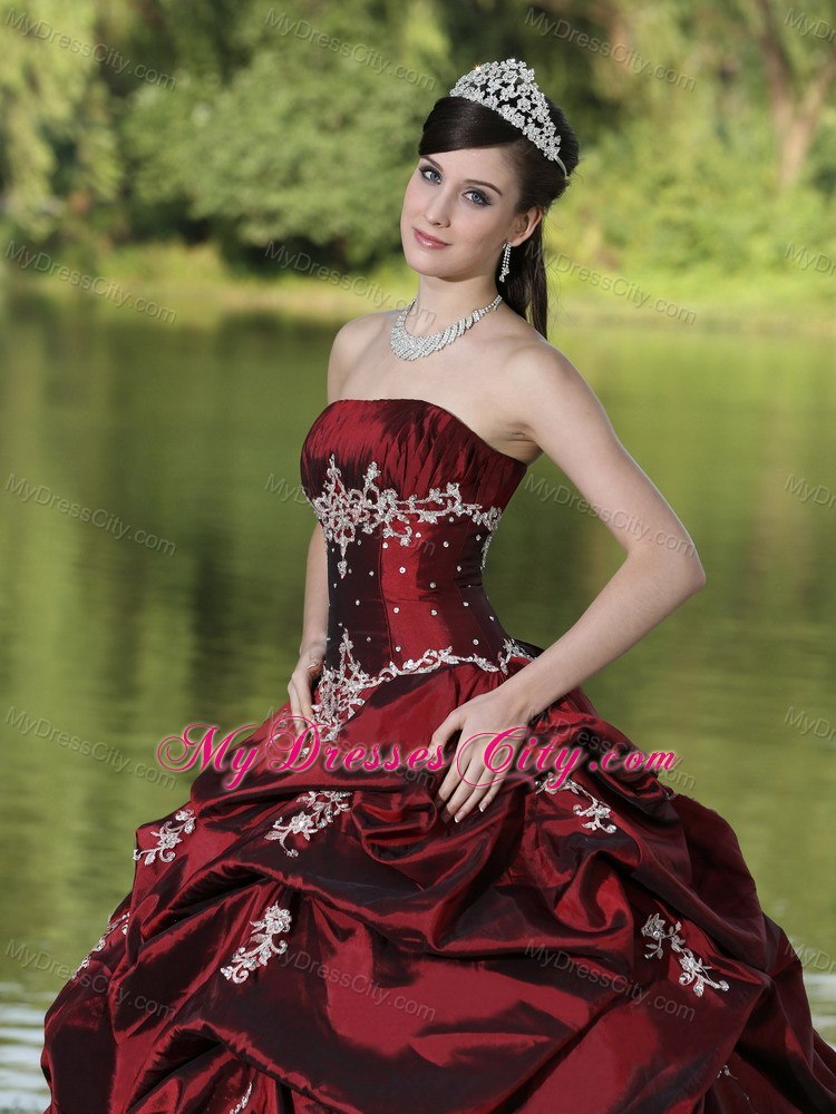 Strapless Appliques and Pick Ups Burgundy Quninceanera Gowns For 2013