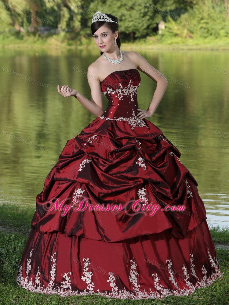 Strapless Appliques and Pick Ups Burgundy Quninceanera Gowns For 2013