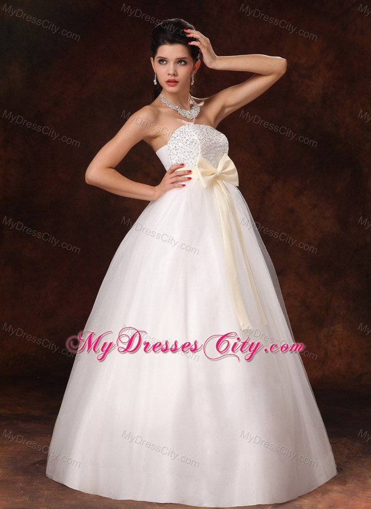 A-Line Beaded Strapless Wedding Dress with Champagne Bowknot