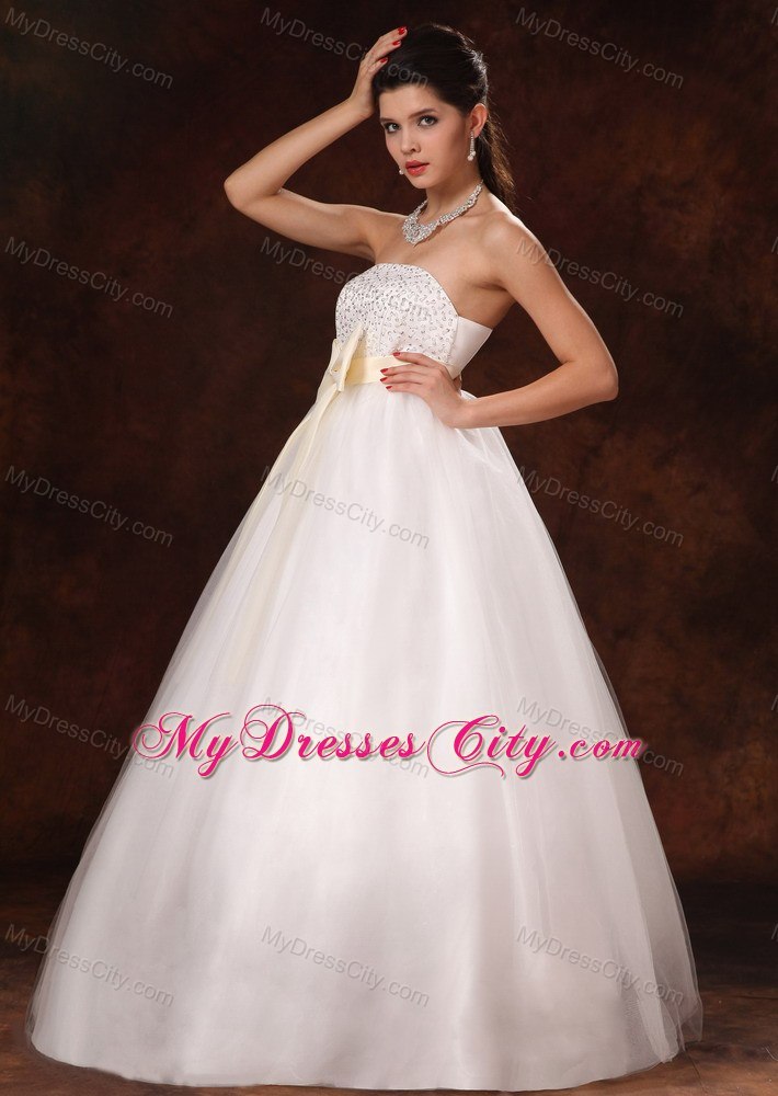 A-Line Beaded Strapless Wedding Dress with Champagne Bowknot