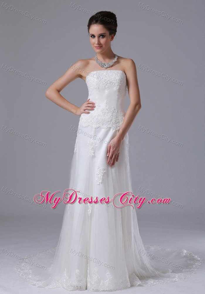 Strapless Column Lace and Tulle Wedding Dress with Court Train