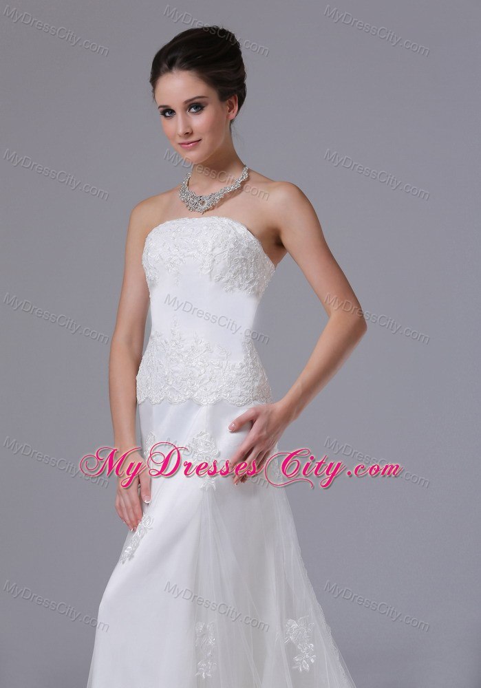 Strapless Column Lace and Tulle Wedding Dress with Court Train