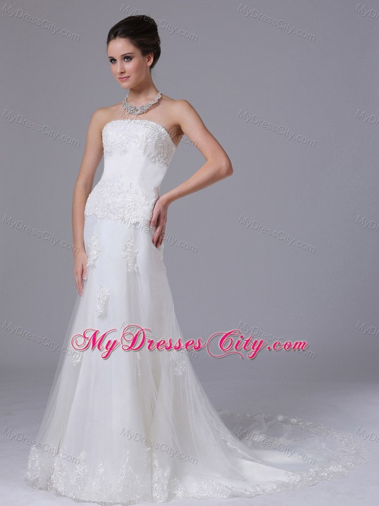 Strapless Column Lace and Tulle Wedding Dress with Court Train