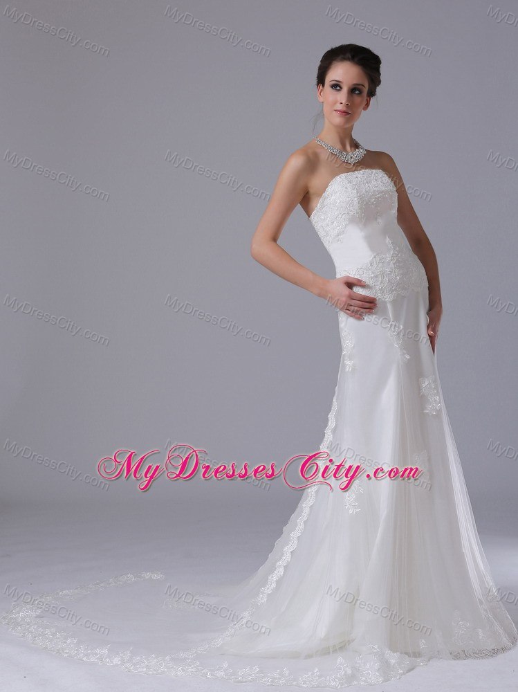 Strapless Column Lace and Tulle Wedding Dress with Court Train