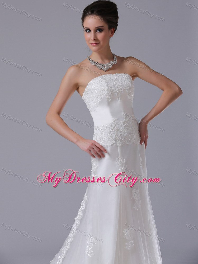 Strapless Column Lace and Tulle Wedding Dress with Court Train