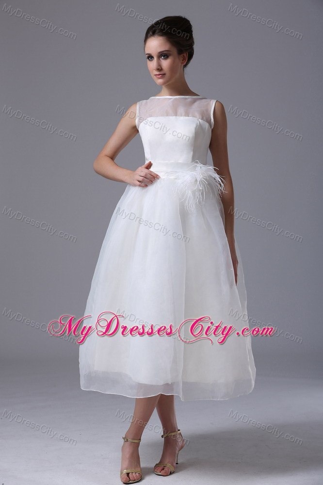 Sheer Neckline Tea-length Belt Organza Beach Wedding Dress