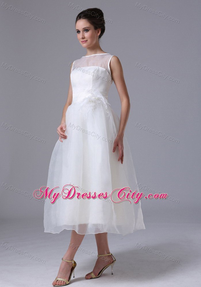 Sheer Neckline Tea-length Belt Organza Beach Wedding Dress