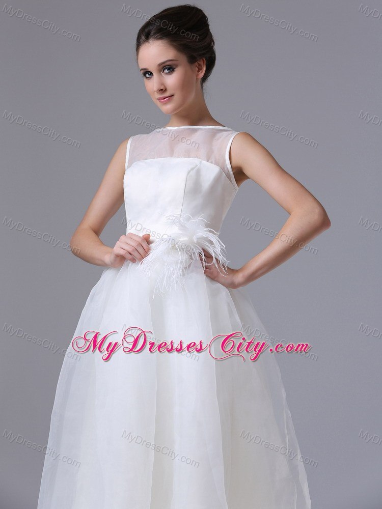 Sheer Neckline Tea-length Belt Organza Beach Wedding Dress