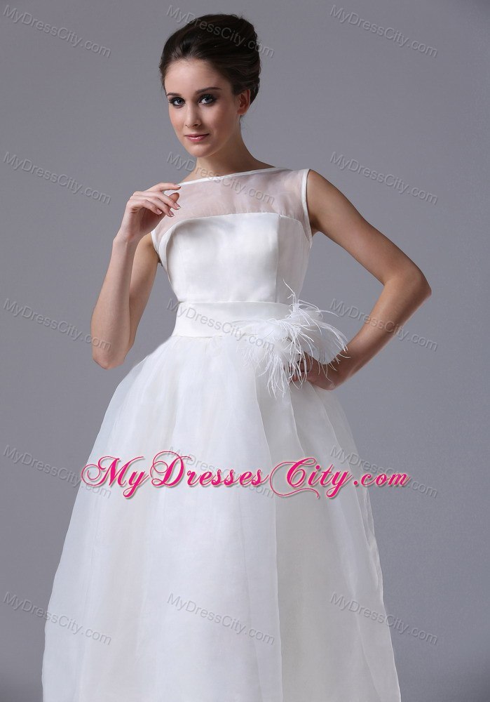 Sheer Neckline Tea-length Belt Organza Beach Wedding Dress