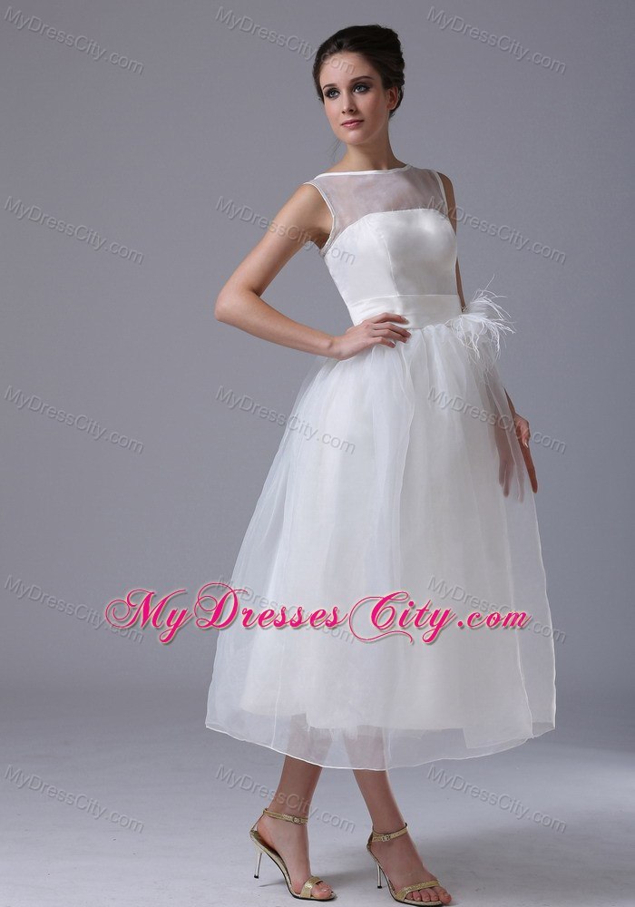 Sheer Neckline Tea-length Belt Organza Beach Wedding Dress